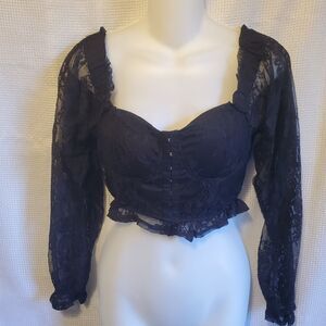 Womens Cropped Corset Puff Sleeve Blouse Sz M Black Lace Witchy Goblin Gothic